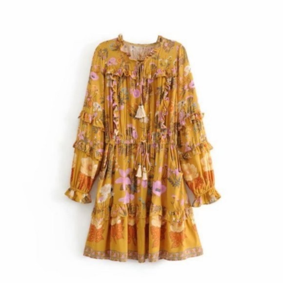 Bohemian Pink Floral Print Ruffle Sleeve Mini Dress - Picture 9 of 12